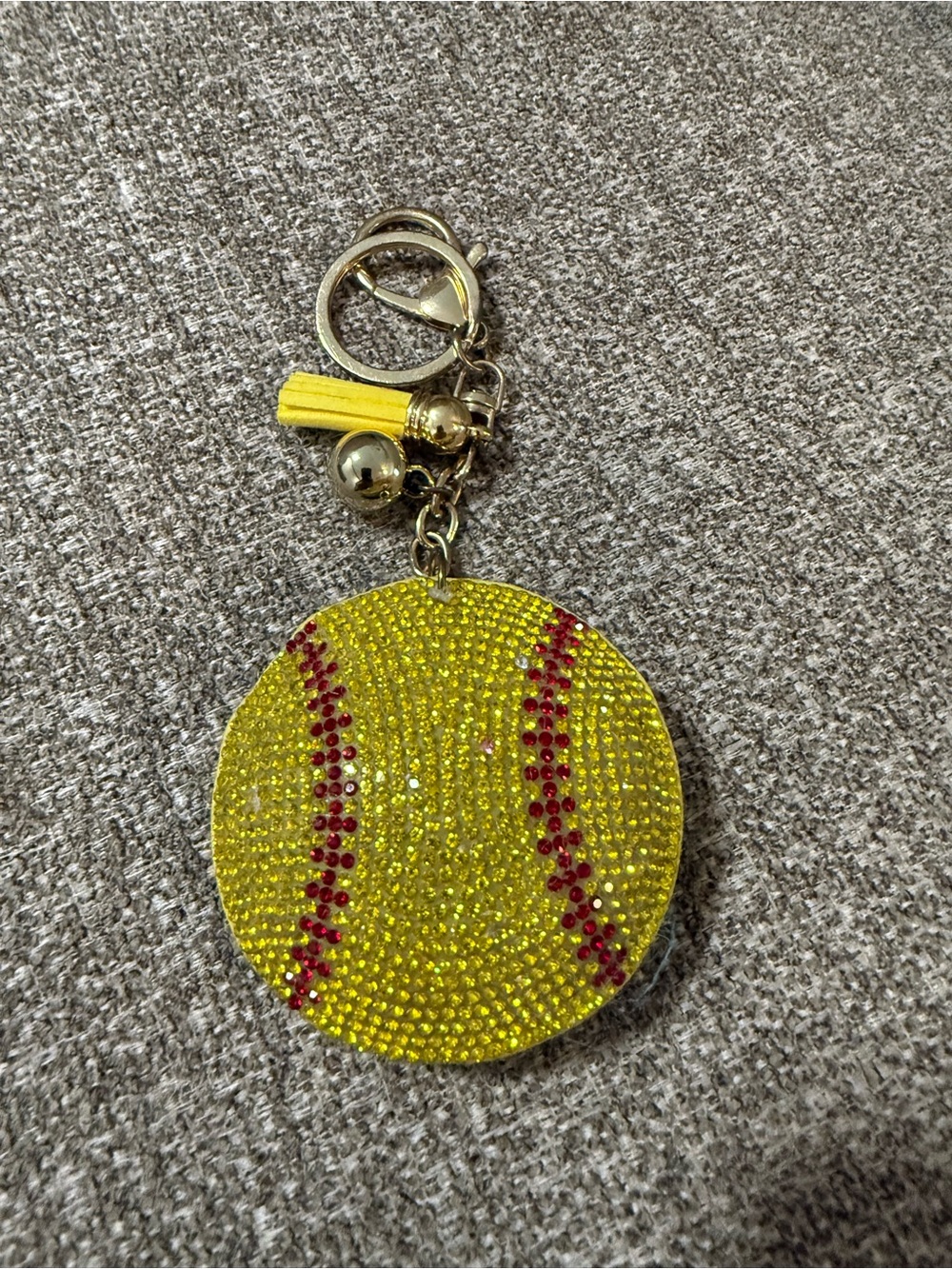 Yellow Crystal Softball Keychain Charm with Gold Hardware